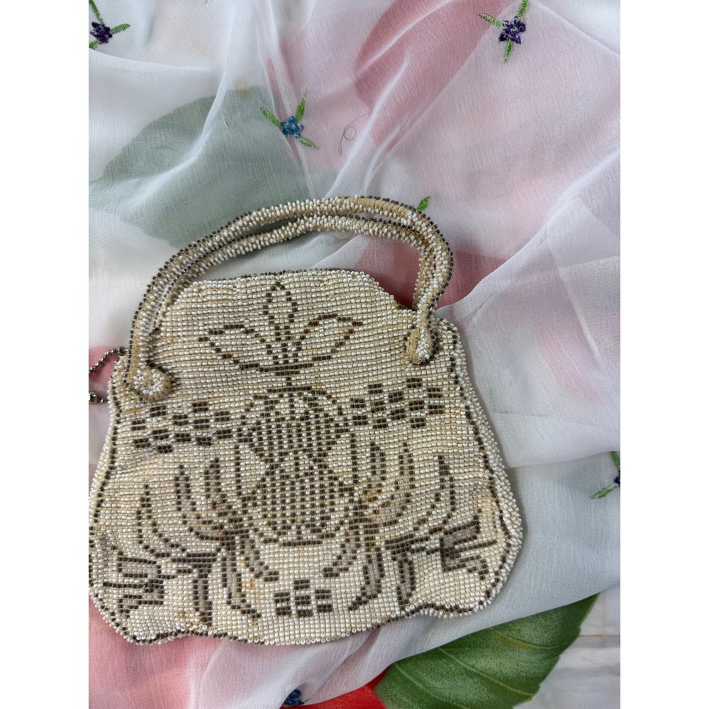 Vintage‎ Czechoslovakia Micro Beaded Coin Purse Cream Bronze Floral Evening Bag - Picture 2 of 8